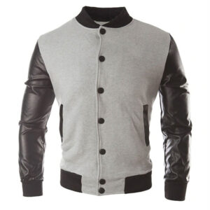Grey and Black with Leather Sleeves Varsity Jacket