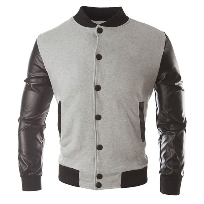 Grey and Black with Leather Sleeves Varsity Jacket