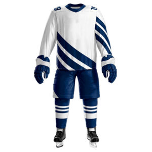 White with Navy Blue Ice Hockey Uniform
